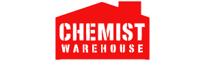 Chemist Warehouse logo with red building shape and white text