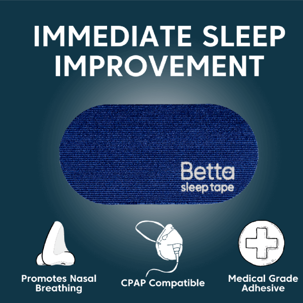 Betta sleep tape product with features on a dark blue background